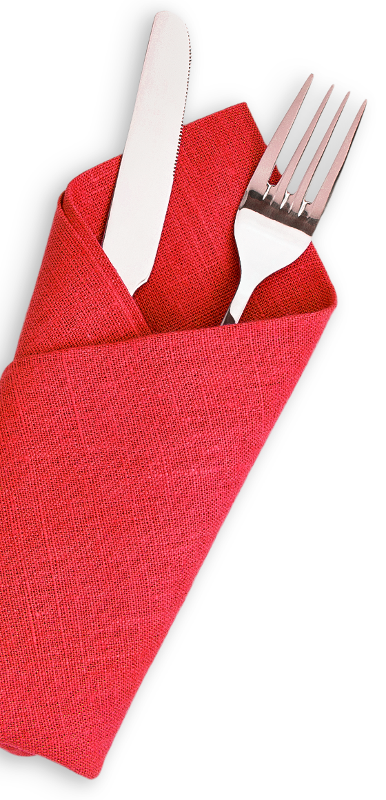 Fork and knife wrapped in a folded napkin